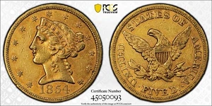 1854 5 $ Gold HALF EAGLE *PCGS AU50* SELTEN, est. 350 bekannte *VERSANDKOSTENFREI!! - Bild 1 von 2