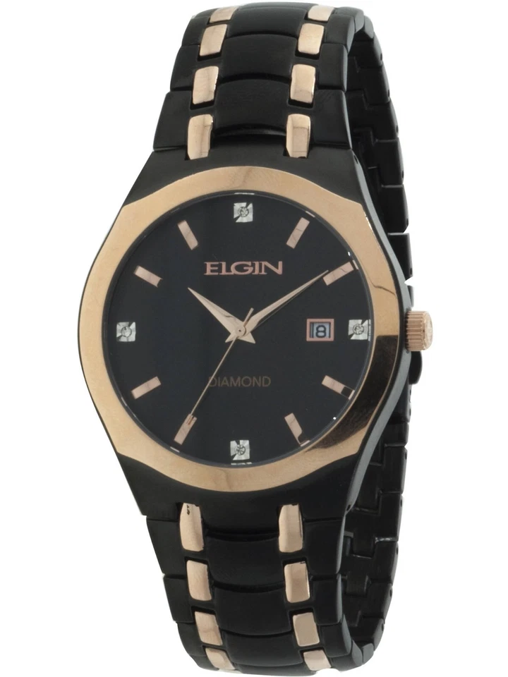 Elgin Diamond FG8021 Black Gold Trim Analog Stainless Mens Wrist Watch 100ft WR