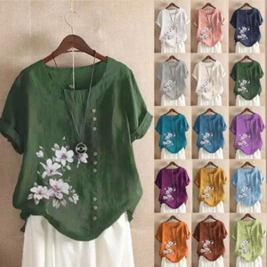 Summer Womens Cotton Linen Blouse Tops Lily Short Sleeve T Shirts Plus Size - Picture 1 of 21
