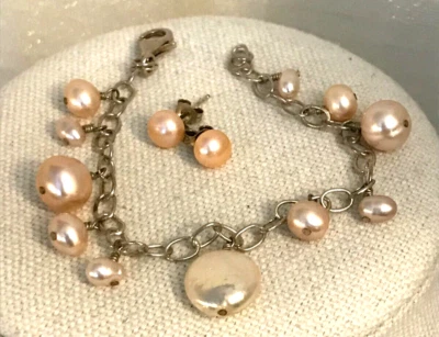 Pink Pearl Bracelet and Earring Set Stamped 925 Sterling Foto 1 de 4
