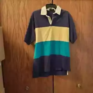 Vintage Club Room Striped Polo Shirt Ukraine FLAG colors Yellow Turquoise SzM - Picture 1 of 5