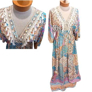 Small/ Medium Maxi Womens Dress Shell Boho Fringed Orange Pink Vacation Beach - Picture 1 of 9