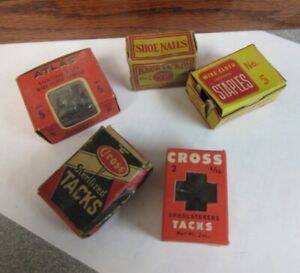 Five (5) Vintage Fasteners : Tacks, Staples, Nails : Partial, Original Boxes