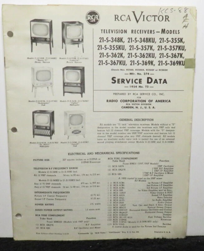RCA VICTOR TELEVISION SERVICE DATA 1954 T2 21-S-348K -355K -375K -362K KCS88 - Image 1 of 1