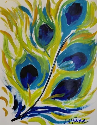 MONA VIVAR Оригинальная 14x11 Павлинье Перо Поп Импрессионизм Абстрактная Живопись - Изображение 1 из 4