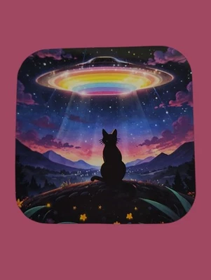 CREATIVE ALGORITHM ART Handmade Glossy Refrigerator Magnet – Cat & UFO Rainbow Sky – Cosmic Night Art