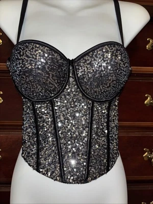 NUEVO Corsé Negro Lentejuelas Bustier 34B Pequeño Sexy Juegos con disfraces Fecha Noche, Fiesta, Rave Foto 1 de 4
