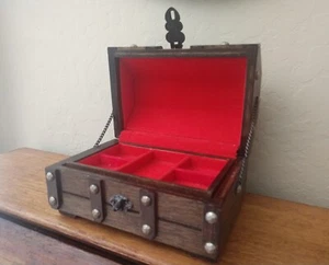 Vintage Wood Treasure Chest Jewelry Box Pirate Red Velvet Gothic Rustic Decor - Picture 1 of 13