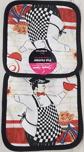 2er Set gleiche bedruckte Topfhalter (7""x7"") FETTER KOCH MIT HEISSER SUPPE, schwarzer Rücken, SH - Bild 1 von 6
