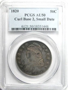 1820 Curl Base 2, piccola data busto con cappuccio mezzo dollaro PCGS AU-50 - Foto 1 di 2