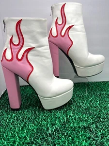 Pink Platform Boots Women 70s Rock Disco Party Mid Heel Faux Leather Ankle Boots - Picture 1 of 8