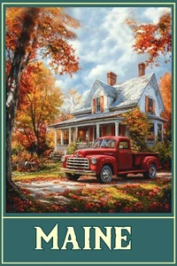 Póster de viaje arte casero camión árboles follaje otoño Maine impresión de giclee 16x24 - Imagen 1 de 1