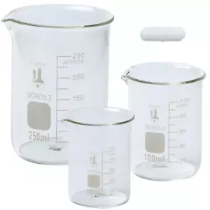 Boro Glass Low Form Beaker Set with Magnetic Stir Bar, 3 Sizes - 50, 100, 250ml, - Picture 1 of 1