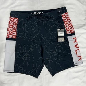 RVCA 32 Apex Surf Trunk 18" Board Shorts Mid Length Black Red 4 way stretch NEW - Picture 1 of 8