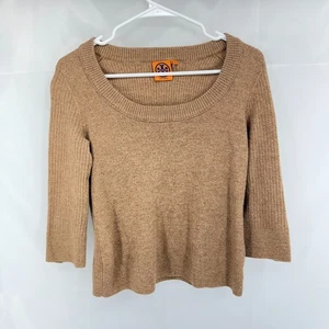 Tory Burch Women XS Merino Wool Sweater Cropped Tan Knit Round Neck Pullover - Picture 1 of 8