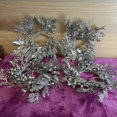 Set of 4 Silver Glittered Berry Pine Cone Leaf Wreath Candle Ring Holder Accent - Image 1 of 4