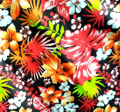 Tela negra tropical con estampado hawaiano naranja rojo hibisco poli algodón 58" por yarda Foto 1 de 3