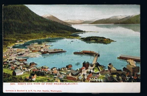 Vista de pájaro Fort Wrangle Alaska Postal Casas Océano Montañas Coleccionables - Imagen 1 de 1