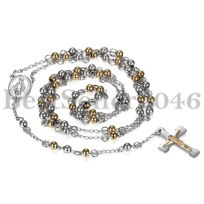 Ожерелье мужское 5 мм двухцветные бусины четки крест молитва цепочка из нержавеющей стали 32 дюйма - Изображение 1 из 3
