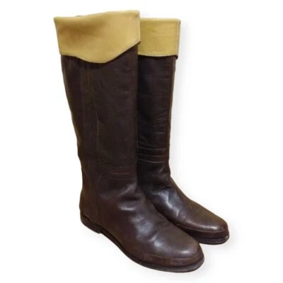 Acne EU 40 Women's High Leather Boots With Low Heel, Round Toe, Brown With Beige - Image 1 of 4