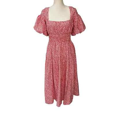 Anthropologie квадратный воротник Puff рукав со сборками поплин миди платье красный белый Sz S - Изображение 1 из 4