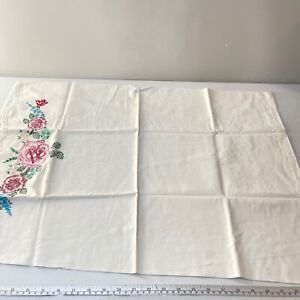 vintage handmade pillowcase standard cotton pink flowers embroidery