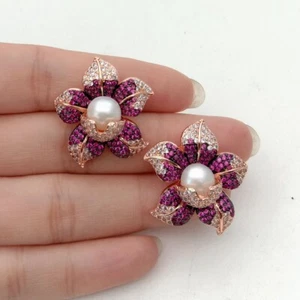 Cz Pave Pearl Earrings White Pearl Rose Gold Plated Cz Flower Stud Earrings - Picture 1 of 5