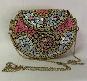 Ramla Mosaic Handmade Bag Turquoise And Pink with Detachable Chain Strap - Picture 1 of 14