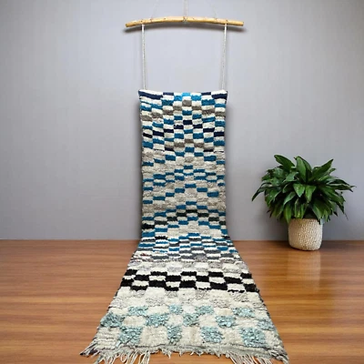 Unique Moroccan Textured Runner, Vintage Blue & White Boucherouite Shag Rug - Image 1 of 4