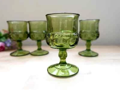 Vintage Green Indiana Glass Kings Crown Thumbprint Goblets Wine Sherry Glasses 4