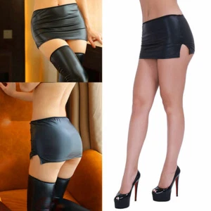 Sexy Lingerie Women Clubwear Wet Look PVC Black Faux Leather Mini Skirt+G-string - Bild 1 von 11