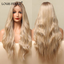 Ombre Blonde Golden Natural Lace Front Synthetic Wigs Middle Part Long Wavy Hair