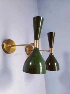 Brass Wall Sconce Pair OF Malachite Green Mid Century Italian Adjustable - Picture 1 of 6