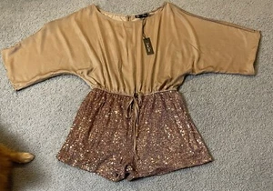 Dress Day Women’s Sequined Romper Sz L Beige Bronze Dolman Sleeves Glittery - Picture 1 of 14