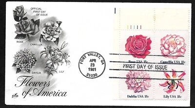 #1879a  18c Flowers Se-tenant - ArtCraft FDCPB4 Plt #111111 UL - Image 1 of 2