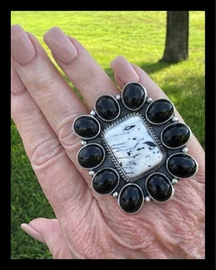 NAVAJO~WHITE BUFFALO ~ONYX~CLUSTER~ SS~RING ~PATRICIA YAZZIE - Picture 1 of 10
