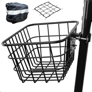 Bike Basket with Cargo Net and Cover, Scooter Basket with Fixed Holder, Metal... - Picture 1 of 8