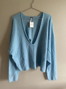 Free People 100% Cashmere Sweater L Sky Blue V Neck Damaged Lagenlook Grunge - Picture 1 of 12