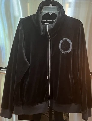 Calvin Klein XL bust 48" black Velour zip-up cowl-neck sweatshirt w/crystals - Image 1 of 4