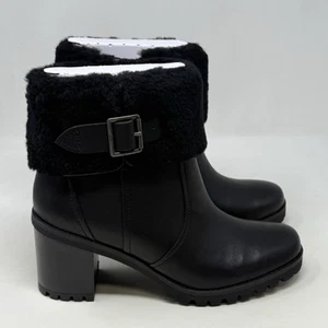UGG Elisiana Boots Booties Women 10 Black Leather Waterproof Side Zip Buckle - Picture 1 of 15