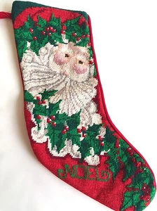 Santa Claus Noel Needlepoint Xmas Stocking 15 Inch Completed Holly Berry St Nick - Picture 1 of 11