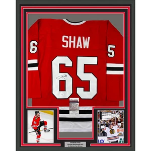 Framed Autographed/Signed Andrew Shaw 35x39 Chicago Red Hockey Jersey JSA COA - Picture 1 of 2