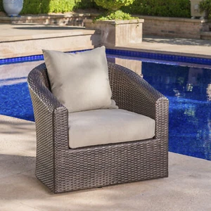 Patio Swivel PE Wicker Chair Outdoor Swivel Club Chair Aluminum W/ Beige Cushion - Picture 1 of 12
