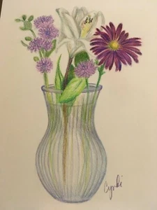 Dibujo a lápiz de colores flores púrpuras y blancas - Imagen 1 de 4