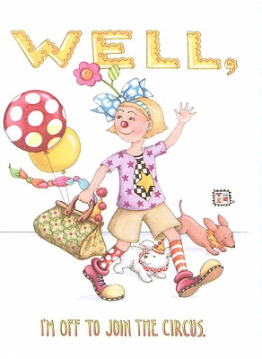 PAPERWORKS Mary Engelbreit-OFF TO JOIN THE CIRCUS CLOWN-Blank Greeting Card & Envelope-NEW