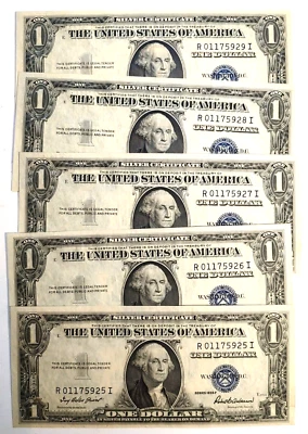 1935-F BLUE SEAL $1 SEQUENTIAL NUMBERED SILVER CERTIFICATE Uncirculated 5 Bills - Image 1 of 2