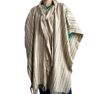 Vintage Unisex 1970s 100% Wool Brown Cream Striped Fringe Hippie Poncho One Size - Picture 1 of 9