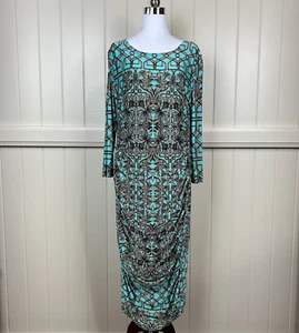 Charlie Brown Midi Dress Women's Size 16 Teal Green Floral Long Sleeve Stretch - Picture 1 of 12