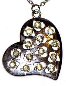 Womens Heart Pendant Necklace Silver Tone Yellow Faux Gem 13.5" Inches - Picture 1 of 24