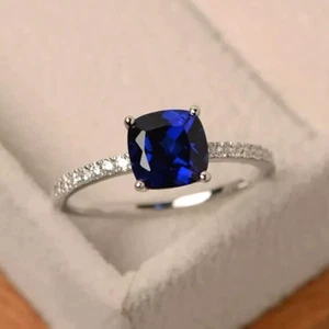 2Ct Cushion Cut Lab-Created Blue Sapphire Engagement Ring 14K White Gold Plated - Picture 1 of 7